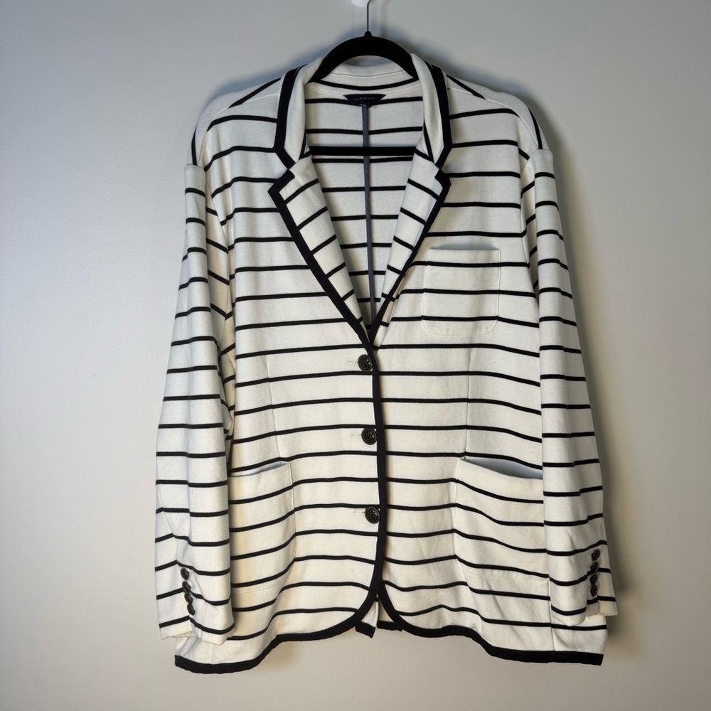 Land’ End Navy Blue White Striped Cotton Knit Nautical Blazer Size 26WP